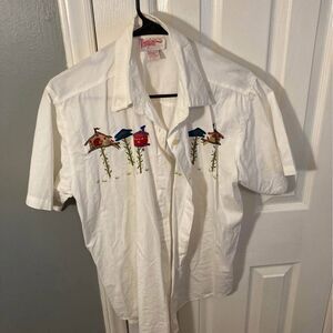 Pennylane white button up top with birdhouse embroidery details size M